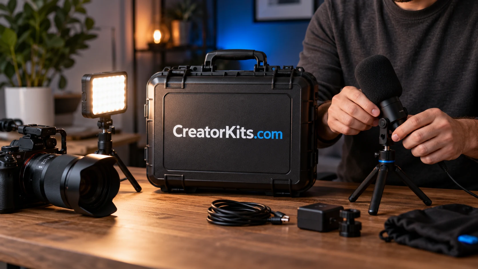 Camera, microphone and light assembled as a creator recording kit
