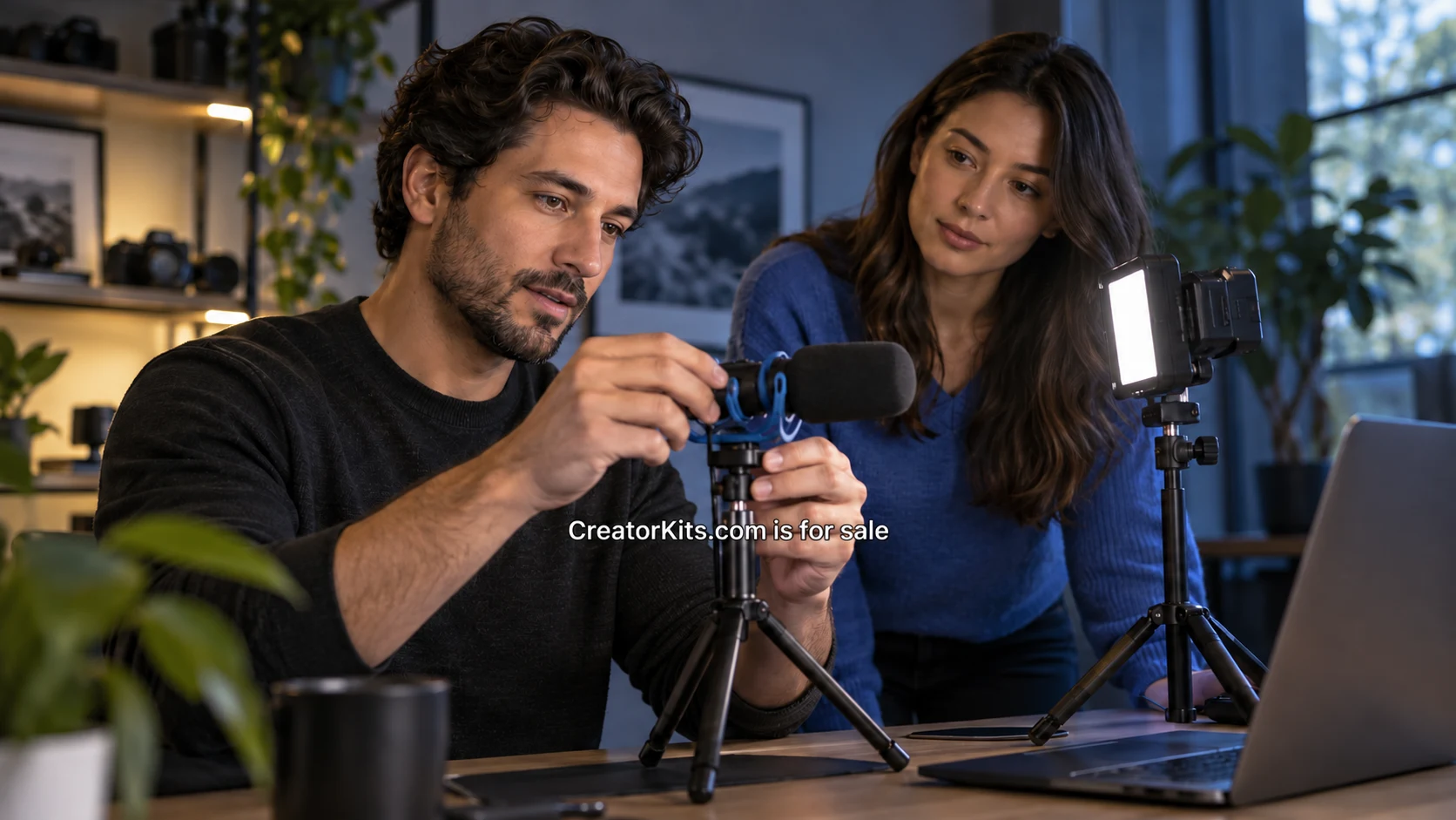 A creator testing microphone and camera equipment in a small recording setup